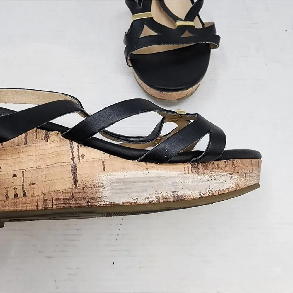 Stevies Black Cork Wedge Sandals‎ Strappy Low Platform Wedge Women's Gift Size 4